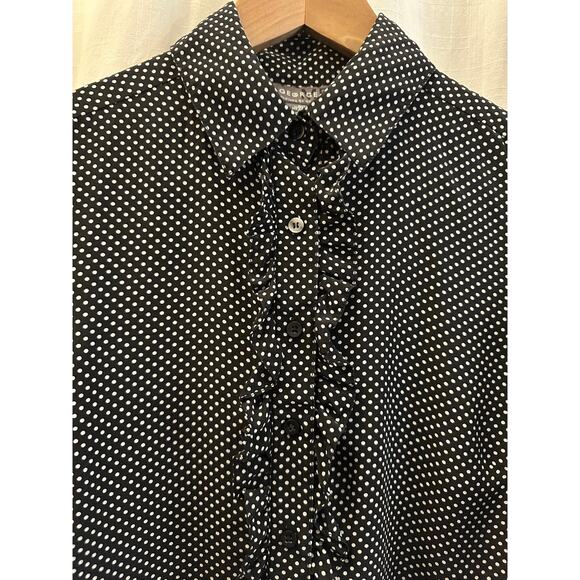 George ME Shirt Women Medium Black Silk Polka Dot Blouse Ruffle Button Up - Picture 1 of 6